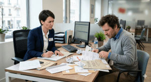 la-banquière-regarde-perplexe-le-client-car-il-est-desordonne la banquière regarde perplexe le client car il est desordonne