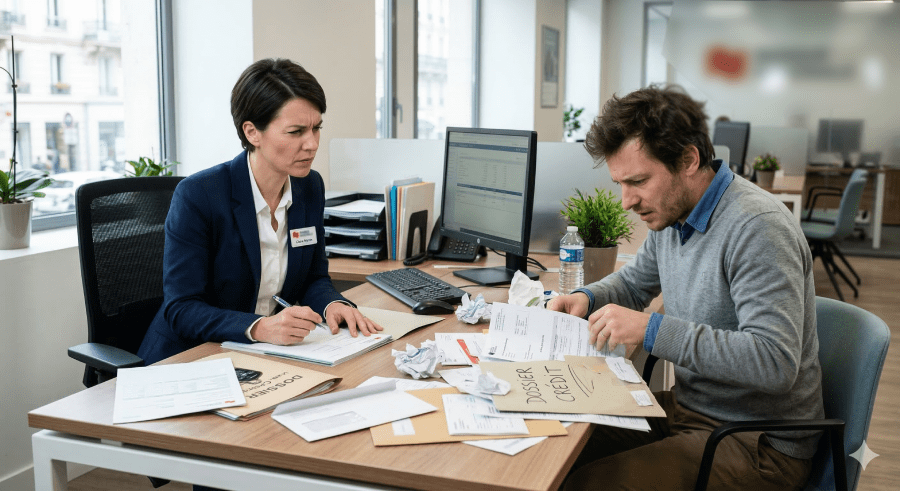 la-banquière-regarde-perplexe-le-client-car-il-est-desordonne la banquière regarde perplexe le client car il est desordonne
