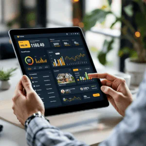 Métriques d'un bien immobilier affchés sur une tablette tactile