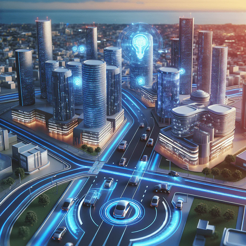 Une ville futuriste illustrant l'intégration de l'IA avec des bâtiments intelligents et des véhicules autonomes.