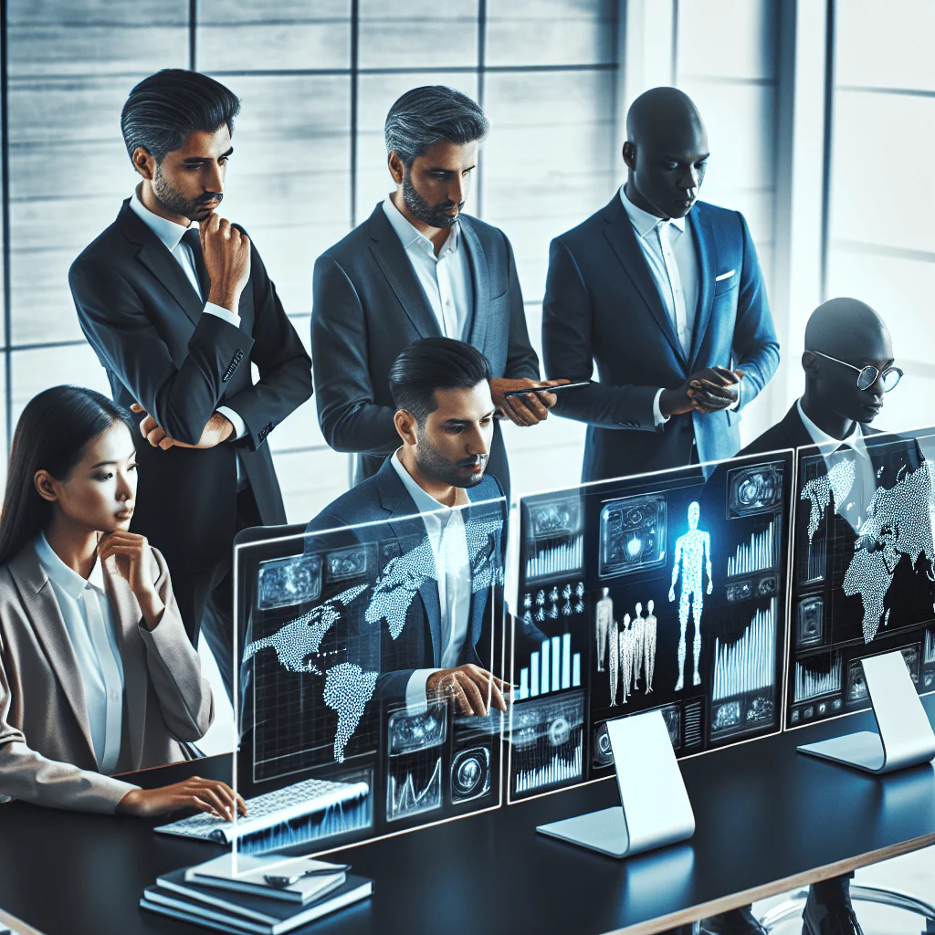 Un groupe diversifié d'investisseurs analysant les tendances du marché de l'IA sur des écrans numériques.