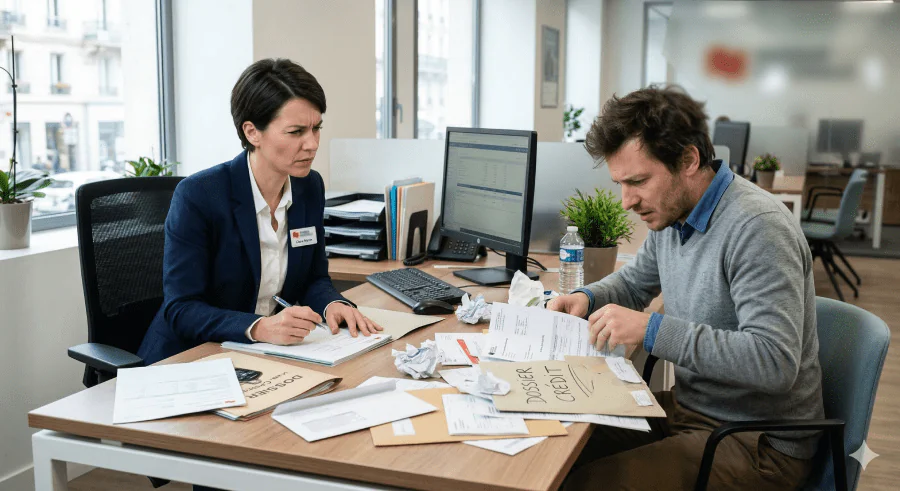 la banquière regarde perplexe le client car il est desordonne